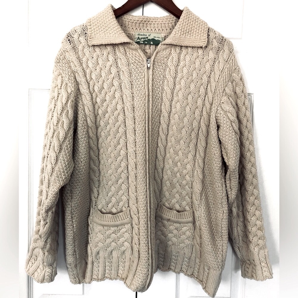 Irish Wool Sweater Cream Cardigan Aran Zip Front Size XXL